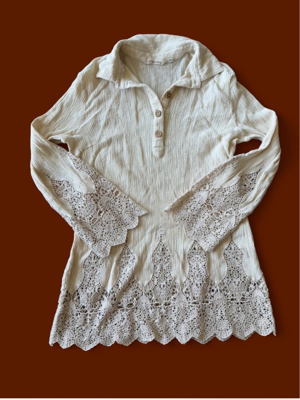 Women's Cream Crochet-Hem Long Sleeve Tunic Top #cottagecore  #coastalgrandma